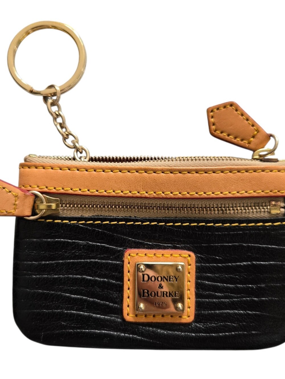 Dooney & Bourke Black and Tan Leather Zip Coin Pouch with Gold Keyring